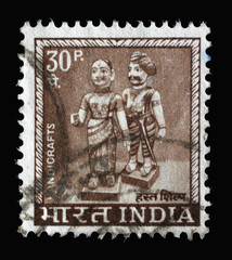 Stamp printed in India shows a pair of Indian traditional handicraft dolls, circa 1967