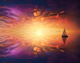 fantasy seascape with a sailboat at beautiful dreamy sunset