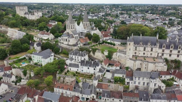 Flight over the city Loches and the Royal castle Loches on summer day. France