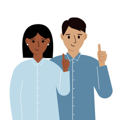 Smiling young business people success concept. Positive emotions, happy people, boyfriend and girlfriend showing thumbs up, fun and joy.