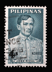 Stamp printed in Philippines shows Jose Rizal (1861-1896)(overprint 4c on 6c), circa 1964