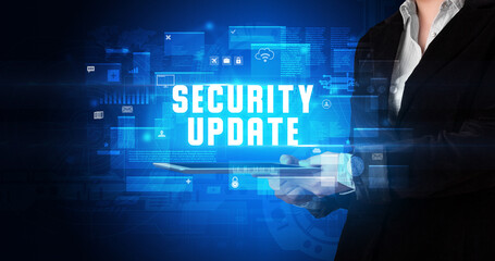 Person holding tablet, security concept