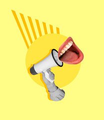 Human hand with megaphone and female open mouth on yellow background. Contemporary art collage....
