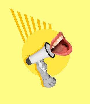 Fototapeta Human hand with megaphone and female open mouth on yellow background. Contemporary art collage. Inspiration, idea, trendy urban magazine style.