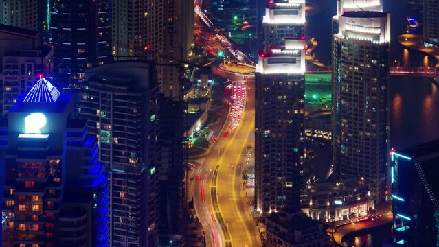 dubai city night light roof top traffic road panorama 4k time lapse uae