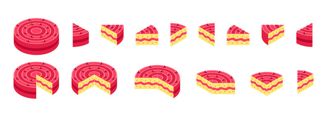 Slice of pie. Pieces pink cake infographics set. The whole cake and its parts. Isometric view vector illustration.