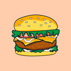 Juicy burger with a bun and sesame seeds, onion, tomato, melted cheese, lettuce leaves and beef patties. Illustration in warm shades, in a modern style