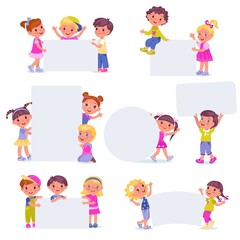 Children with banners. Pretty boys or girls hold different shapes blank surface. Message places. Happy preschoolers show placard boards. Vector set of cartoon kids with empty posters