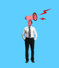 Young angry business man headed by megaphone sounds like a siren. Contemporary art collage. Concept...