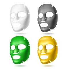 Cosmetic masks. Different facial skincare products. Gold, cotton, charcoal and seaweed face sheets. Detox, cleansing and hydration beauty effects. Vector 3D moisturizing patches set