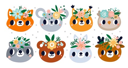 Cute animals in flower wreaths. Muzzles with floral beautiful tiara. Girly nursery theme. Scandinavian icons. Bear or raccoon. Pretty squirrel and hare faces. Vector forest creatures set