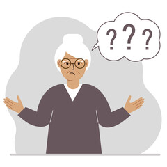 Fototapeta na wymiar Illustration of a old woman who is confused, questioning. Want to find answers. People around the question mark. Grandmother expressions are in a daze and need help.