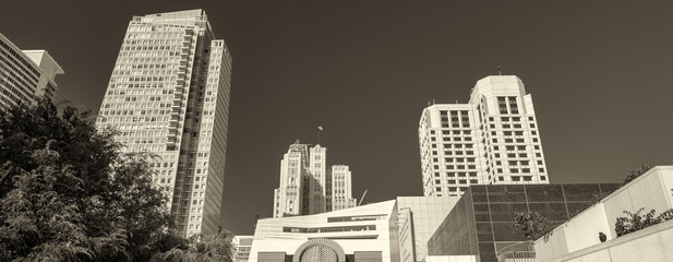 Buildings and skyscrapers around Yerba Buena Gardens, a city park in Downtown San Francisco.