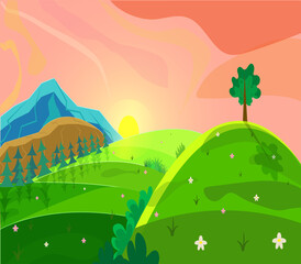 Spring or summer landscape with sunrise with trees, mountains, fields, leaves, flowers. Vector illustration in flat style, cartoon.