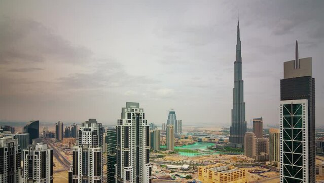 dubai city downtown famous building mall fountain panorama 4k time lapse uae