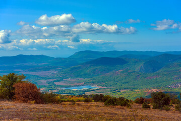 Naklejka na ściany i meble landscape views in early autumn mountains Crimea Baydar Valley