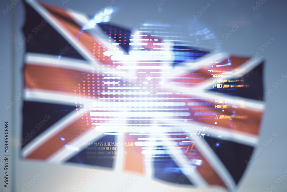 Aufkleber double exposure of abstract creative programming illustration and world map on flag of great britain