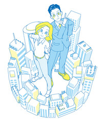 ビル群に立ちポーズをとるビジネス男女