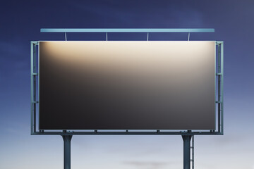 Blank black horizontal billboard on blue sky background at night, front view. Mockup, advertising concept