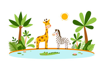 Wild African animals standing on jungle background. Vector illustration