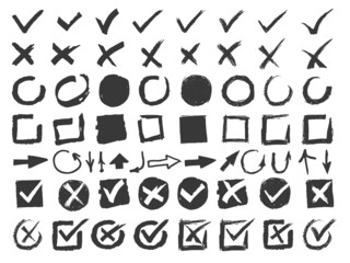 Hand drawn signs. Doodle black check marks. Crosses and arrows. Monochrome handwritten squares and circles. Tick isolated symbols. Empty and filled boxes. Vector silhouette icons set