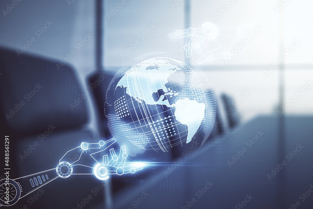 Aufkleber abstract virtual robotics technology hologram with globe on a modern coworking room background, arti
