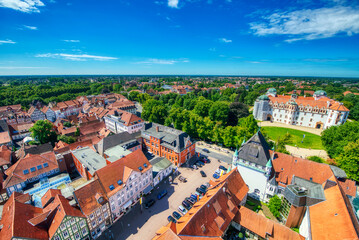 Fototapeta premium Celle, Germany - July 18, 2016: Aerial view of medieval city streets on a summer day.
