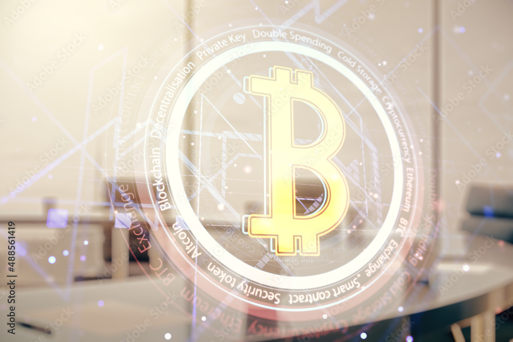 Poster double exposure of creative bitcoin symbol hologram on a modern boardroom background. mining and blo