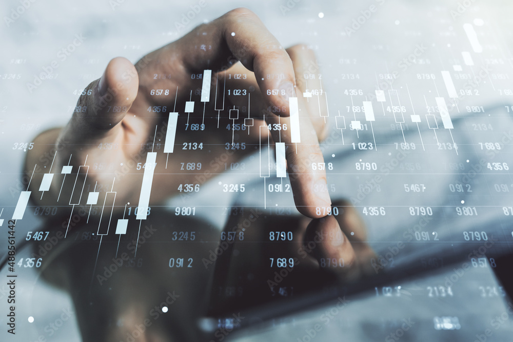 Aufkleber double exposure of abstract creative statistics data hologram with finger clicks on a digital tablet