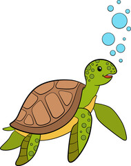 Cartoon marine animals. Cute sea turtle swims underwater and smiles.