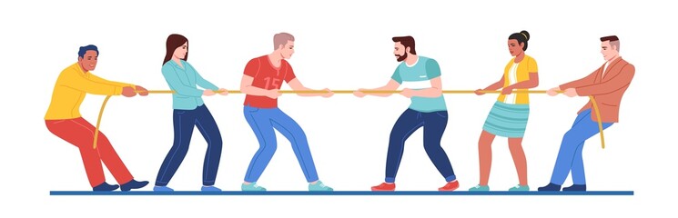 Pulling rope people. Two groups opposition. Men and women playing tug of war. Team game. Competitors confrontation. Characters in casual clothes. Strength competition. Vector concept - obrazy, fototapety, plakaty