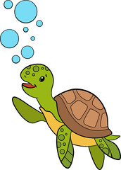 Cartoon marine animals. Cute little baby sea turtle swims undeerwater and smiles.