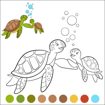 Color me: marine animals. Mother sea turtle swims with her little cute baby and smiles.