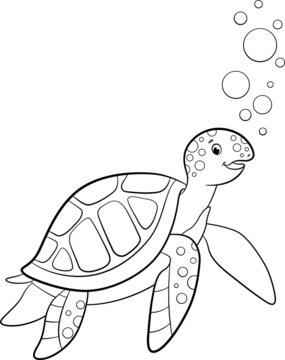 Coloring page. Cute sea turtle swims and smiles underwater.