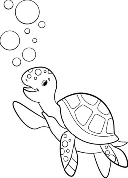 Coloring page. Cute little baby sea turtle swims and smiles underwater.