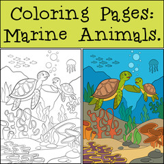 Coloring Pages: Marine Animals. Mother sea turtle swims underwater with her little cute baby and smiles.