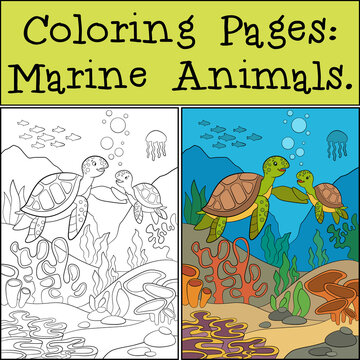 Coloring Pages: Marine Animals. Mother sea turtle swims underwater with her little cute baby and smiles.