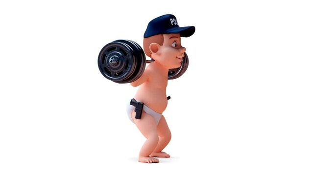 Fun 3D cartoon of a baby cop lifting weigths