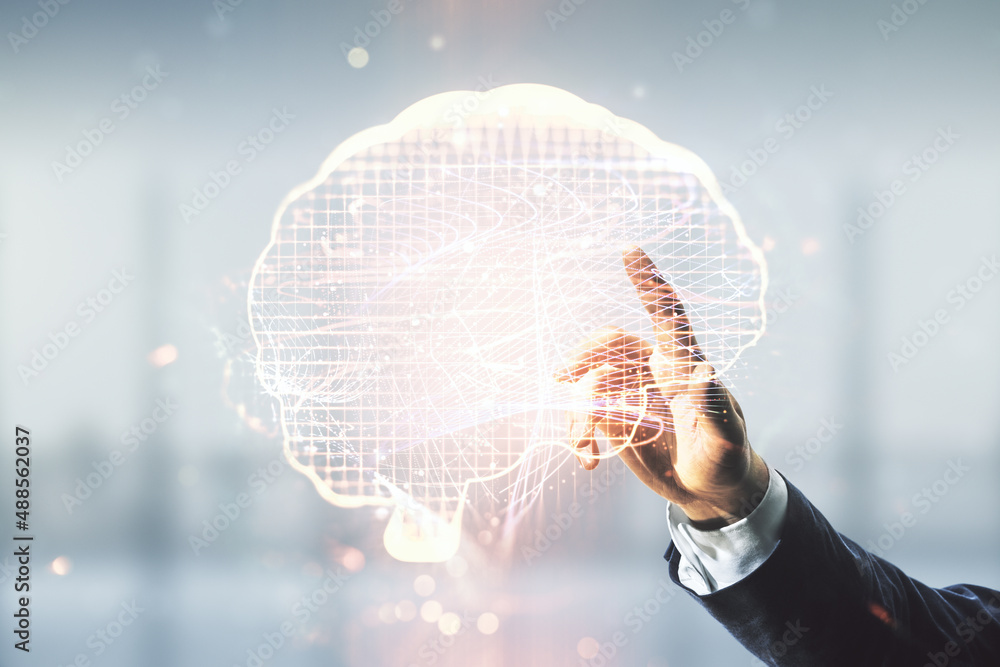 Aufkleber Man hand clicks on virtual creative artificial Intelligence hologram with human brain sketch on blurred office background. Double exposure