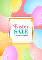 Bright Easter background of eggs. Spring sale banner template. Border of colorful chocolate eggs. Vector 10 EPS.