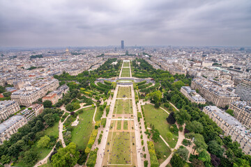 Jardin de la Tour Eiffel. Aerial overhead view of Champ de Mars and Eiffel Tower gardens in Paris, France © jovannig