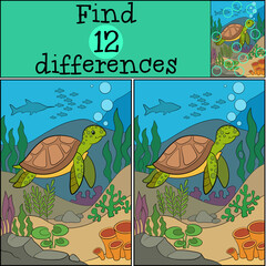 Educational game: Find differences. Little cute green sea turtle swims underwater and smiles.