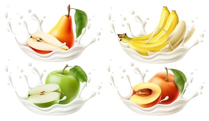 Fototapeta na wymiar Realistic yogurt fruit splashes. Fermented milk drops and liquid bursts. Whole or half pear and peach. Banana or apple tastes. Probiotic product. Cream splatters. Vector food flavors set
