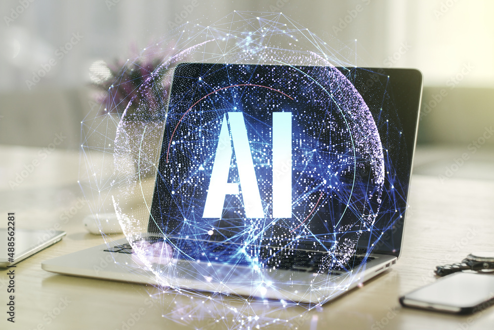 Poster creative artificial intelligence symbol concept with modern computer on background. double exposure