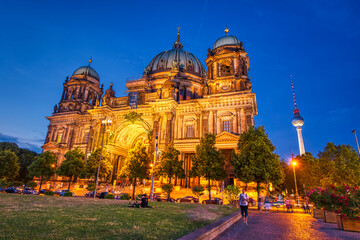 Berlin Cathedral and Lustgarten Park at night Berlin - Germany. Berliner Dom. © jovannig