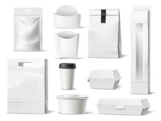 Street food packaging. Realistic paper takeaway containers template. Blank meal bags. Cardboard boxes and coffee cup mockups. Empty snack packing. Vector 3D disposable packages set