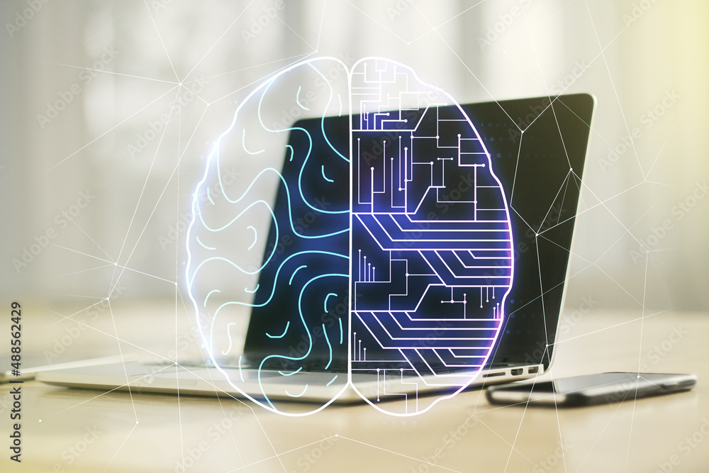 Poster double exposure of creative human brain microcircuit with computer on background. future technology 