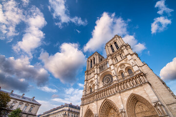 Notre Dame Cathedral facade in Paris on a beautiful sunny day, France