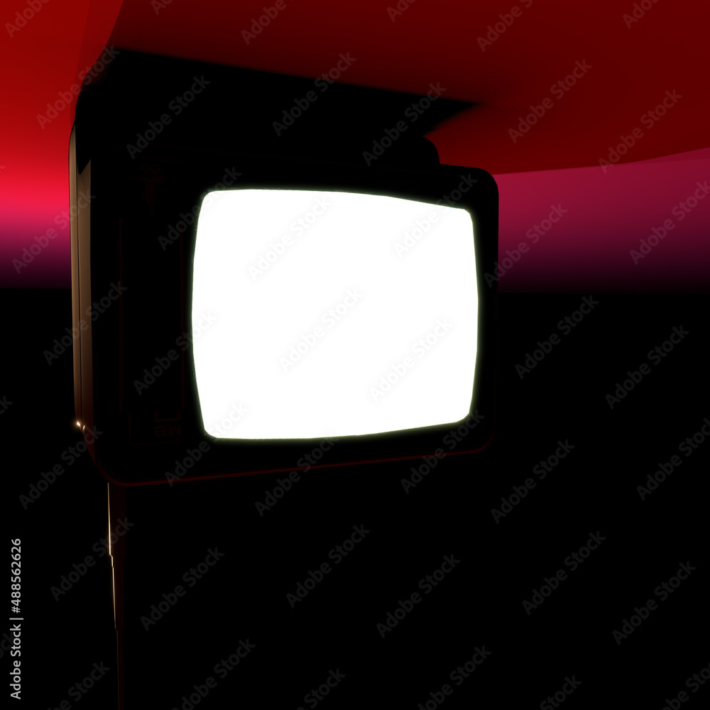 Poster ceiling glowing blank retro crt tv screen. 3d rendering.