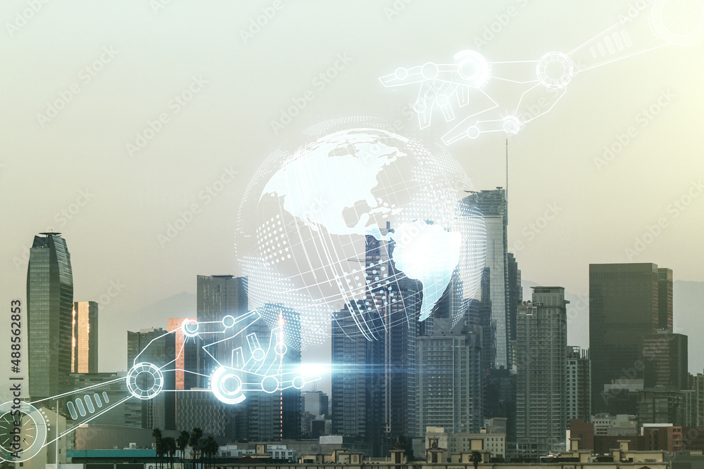 Poster double exposure of abstract virtual robotics technology with world map hologram on los angeles city 